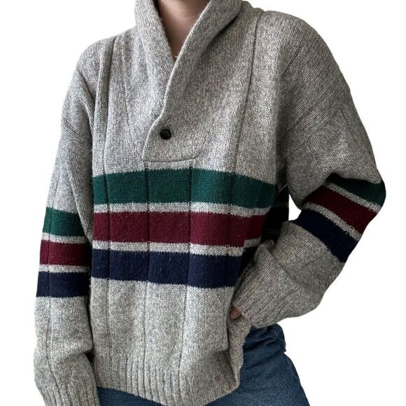 Vintage 1990s Eddie Bauer Mens Striped Wool Cowl Neck Chunky Sweater XL - Picture 2 of 7